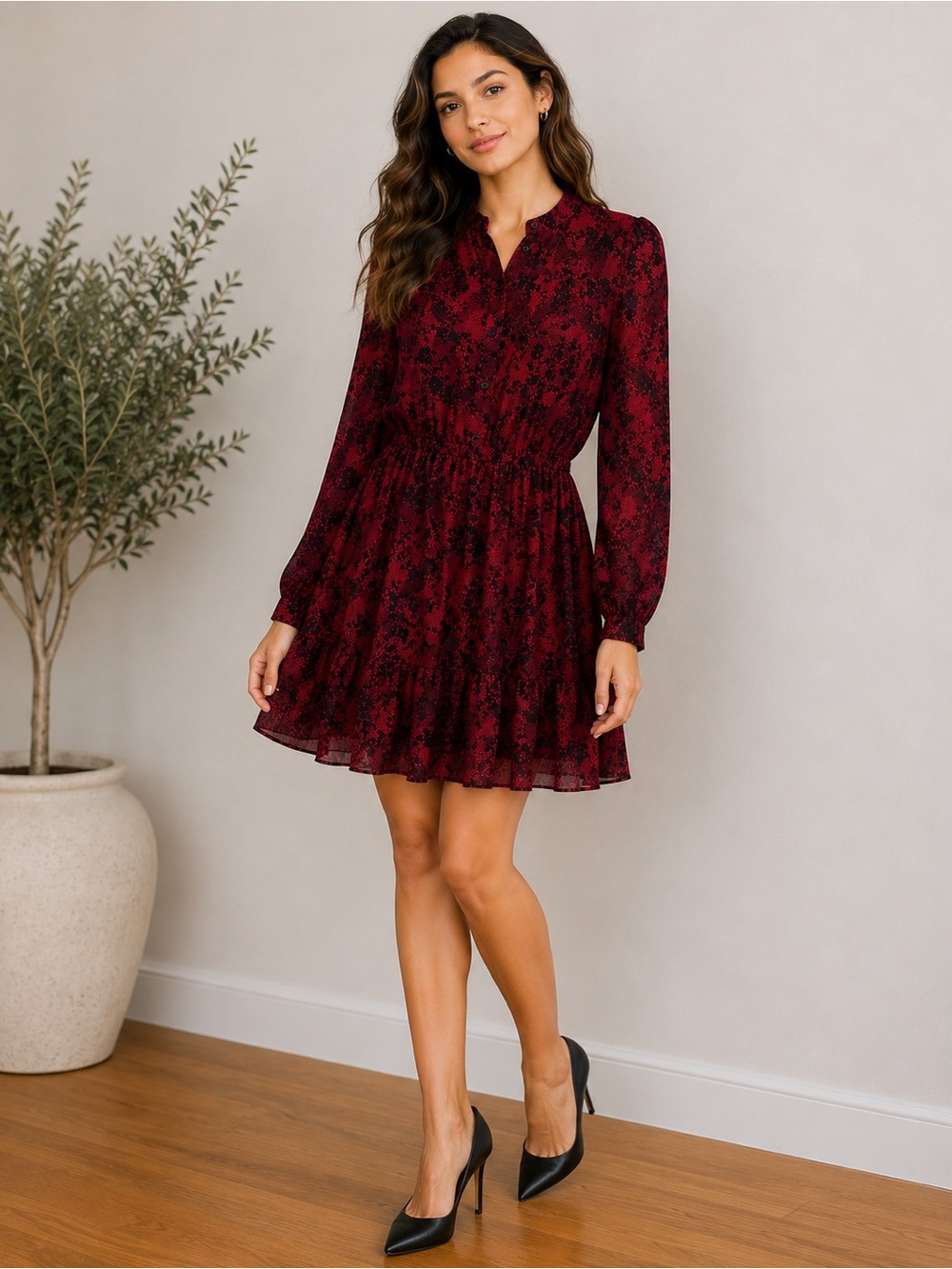 Michael Kors Red & Black Printed Tiered Mini Dress Petite Medium
